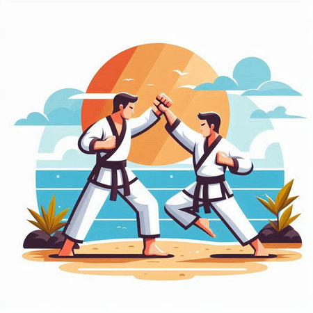 Tae Kwon Do fighters on the beach. Vector cartoon illustrationのイラスト素材