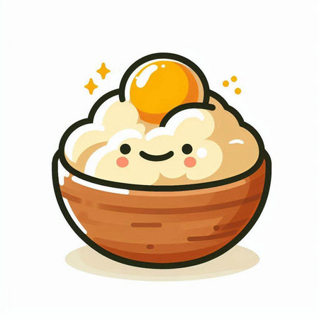 Cute cartoon porridge in a wooden bowl. Vector illustration.のイラスト素材