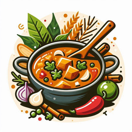 Vegetable soup in a frying pan with spices and herbs. Vector illustration.のイラスト素材