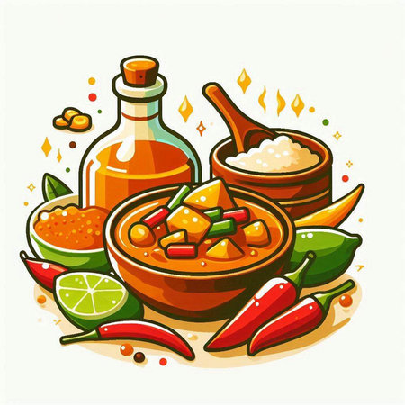 Spicy chilli sauce in bowl with ingredients, vector cartoon illustrationのイラスト素材