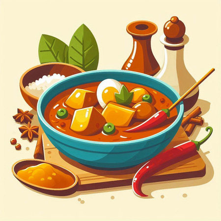 Illustration of a bowl of spicy curry with vegetables and spices.のイラスト素材