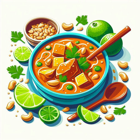 Bean soup in bowl with spoon and ingredients. Vector illustration.のイラスト素材