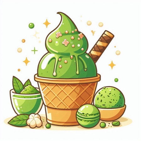 Green ice cream in waffle cup with ice cream cone and waffle coneのイラスト素材