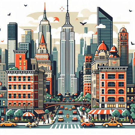 Cityscape with skyscrapers and street. Vector illustration in retro style.のイラスト素材