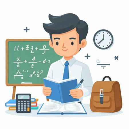 Vector illustration of a young male teacher writing in a notebook while standing at the blackboard.のイラスト素材