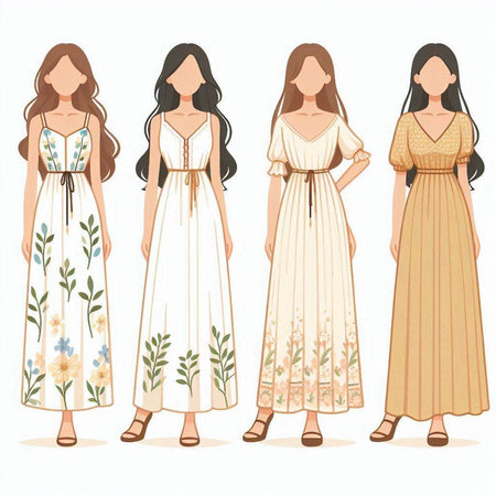 Fashionable women in long dresses. Vector illustration on white background.のイラスト素材