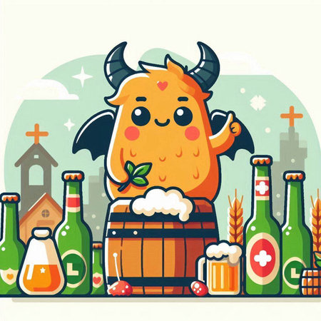 Cute cartoon monster with a barrel of beer. Vector illustration.のイラスト素材