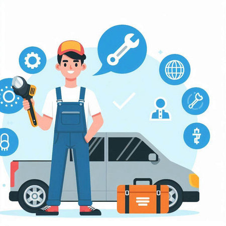 Auto mechanic, auto repair service vector illustration. Mechanic in coveralls and overalls with toolbox, wrench, screwdriver, wrench, wrench, key, wheel, gear. Auto mechanic conceptのイラスト素材