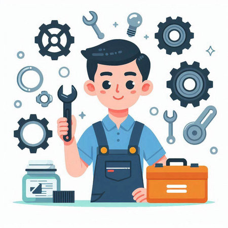 Repairman in uniform with tools. Vector illustration in flat styleのイラスト素材