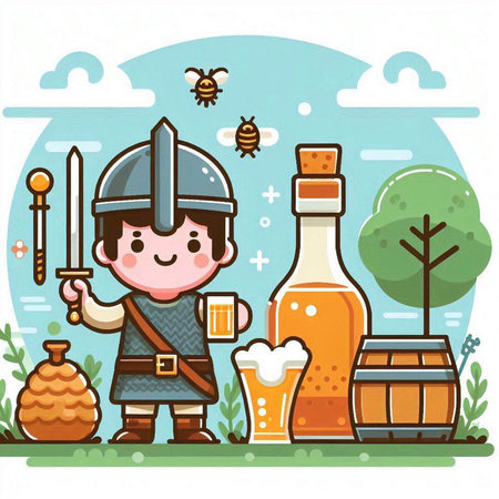 Cartoon man in a medieval costume with a glass of beer. Vector illustrationのイラスト素材