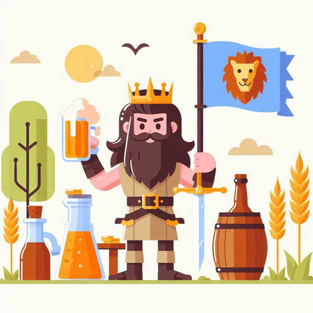 Medieval knight with sword and beer. Vector illustration in flat styleのイラスト素材