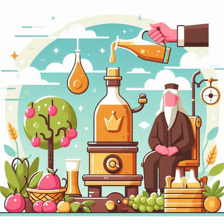 Vector cartoon style illustration of a man pouring wine from a bottle.のイラスト素材