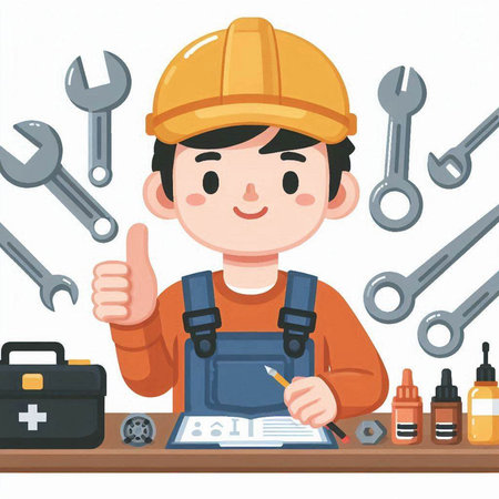 Illustration of a Kid Boy Wearing a Hard Hat and Working with Toolsのイラスト素材