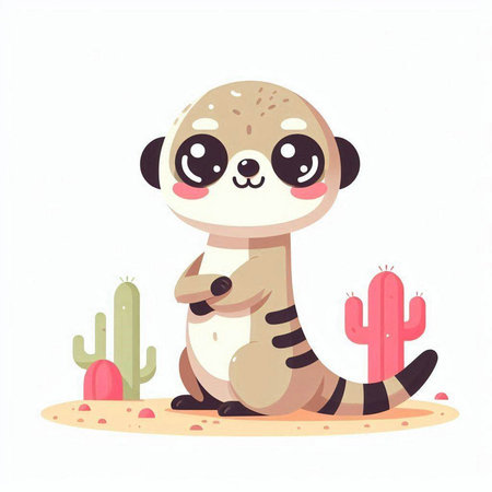 Cute cartoon meerkat with cactus. Vector illustration.のイラスト素材