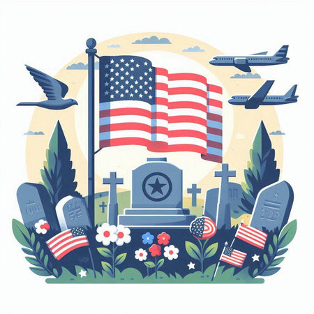 Cemetery with American flag and gravestones. Flat style vector illustration.のイラスト素材