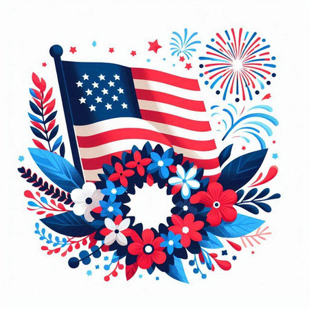 American Flag Wreath Vector Illustration. United States of America Flag Wreath Decorated with Flowers, Fireworks and Fireworksのイラスト素材