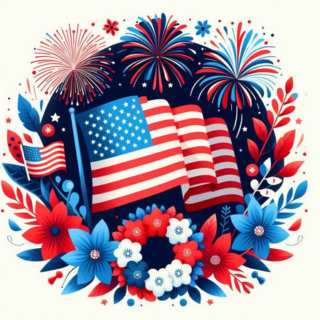 Patriotic background with American flag and flowers. Vector illustration.のイラスト素材