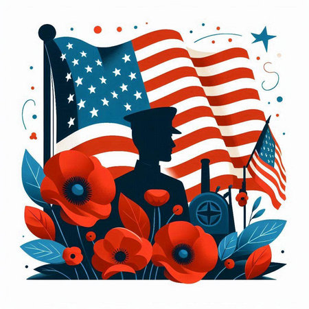 American Flag with Soldier and Poppy Flowers. Vector Illustration.のイラスト素材