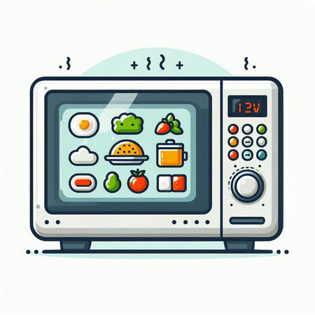 Microwave oven with food. Vector illustration in flat style.のイラスト素材
