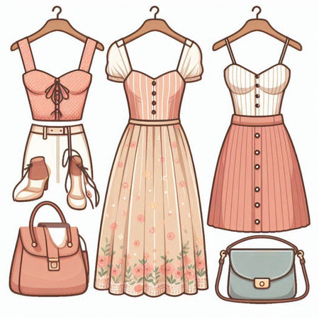 Set of women's clothes and accessories. Vector illustration in sketch style.のイラスト素材