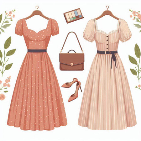 Wedding dresses and accessories. Vector illustration in retro style.のイラスト素材