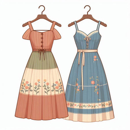 Illustration of two women's dresses with floral pattern on a white backgroundのイラスト素材