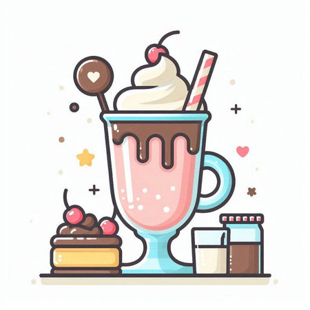 Vector illustration of milkshake with whipped cream, chocolate, cherry, ice cream in a glass.のイラスト素材
