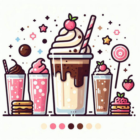 Milkshakes with ice cream, chocolate and cherry. Vector illustration.のイラスト素材