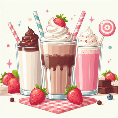 Illustration of milkshakes with strawberries and chocolate on a white backgroundのイラスト素材