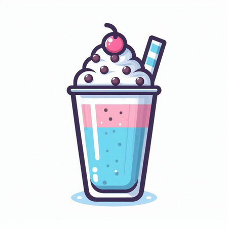Blueberry milkshake with whipped cream, cherry and straw. Vector illustration.のイラスト素材