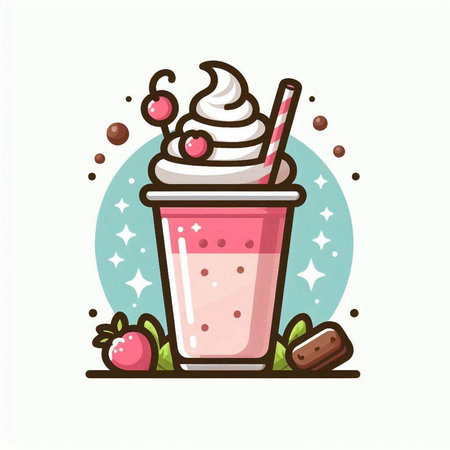 Milkshake with whipped cream, strawberries and chocolate. Vector illustration.のイラスト素材