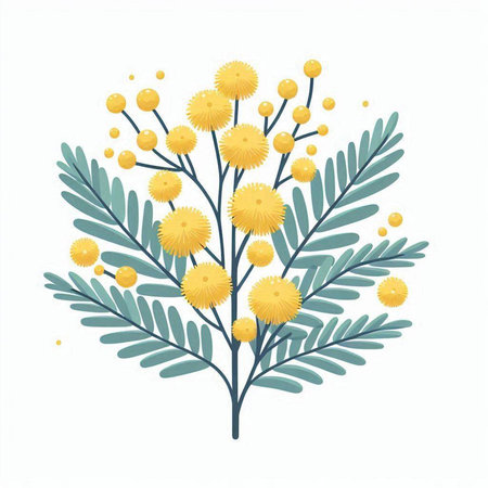 Mimosa flowers and leaves isolated on white background. Vector illustration.のイラスト素材