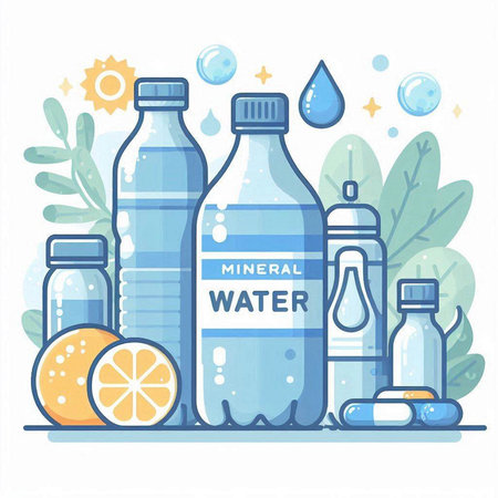 Vector illustration with different types of water in bottles. Flat style.のイラスト素材
