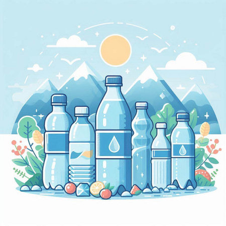 Plastic bottles with water on the background of mountains. Vector illustration.のイラスト素材