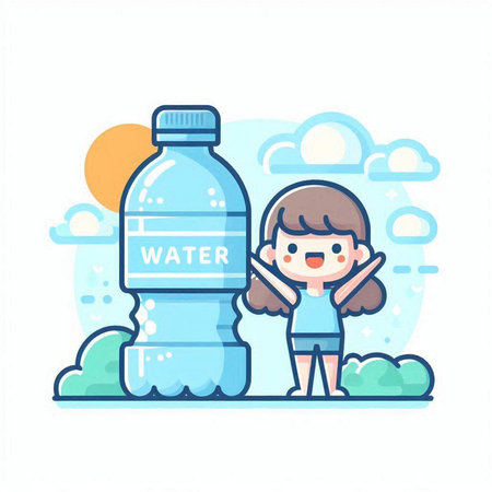 Cute little girl with bottle of water. Vector flat illustration.のイラスト素材