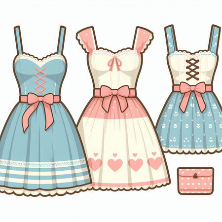 Illustration of a set of dresses for a girl in pastel colorsのイラスト素材