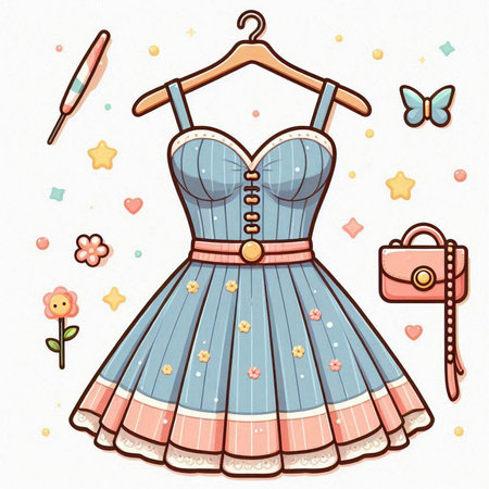 Illustration of a girl's dress and accessories on a white backgroundのイラスト素材