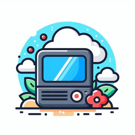 Retro TV with cloud and flowers. Vector illustration in flat styleのイラスト素材