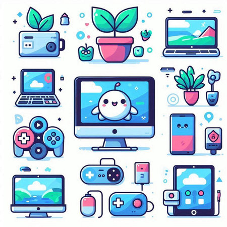 Set of computer icons, vector illustration in flat cartoon style. Computer, mobile phone, gamepad, video game, remote control, laptop, mobile phone, coffee cup, tea bag, plant.のイラスト素材