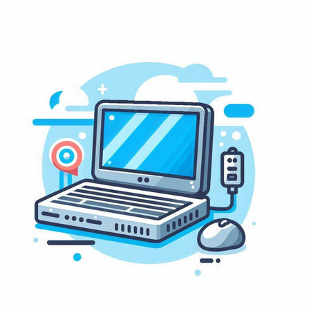 Laptop and mouse vector illustration. Laptop and mouse on white backgroundのイラスト素材