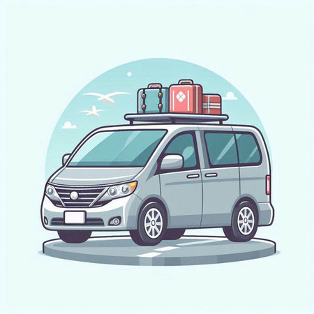 Illustration of a van with luggage on wheels. Vector illustration.のイラスト素材