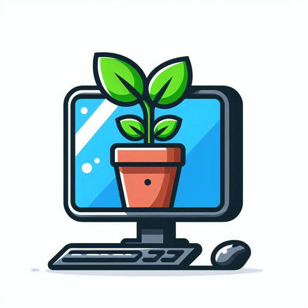Computer with a plant in a pot on a white background. Vector illustration.のイラスト素材