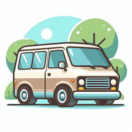 Retro van on a background of green trees. Vector illustration.のイラスト素材