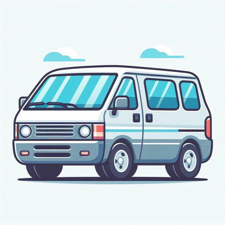 Vector illustration of a van on a background of blue sky with cloudsのイラスト素材