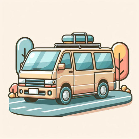 Illustration of a van with luggage on the road. Vector illustration.のイラスト素材