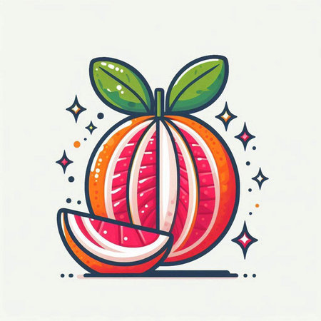 Vector illustration of ripe juicy red grapefruit with green leaves and stars.のイラスト素材
