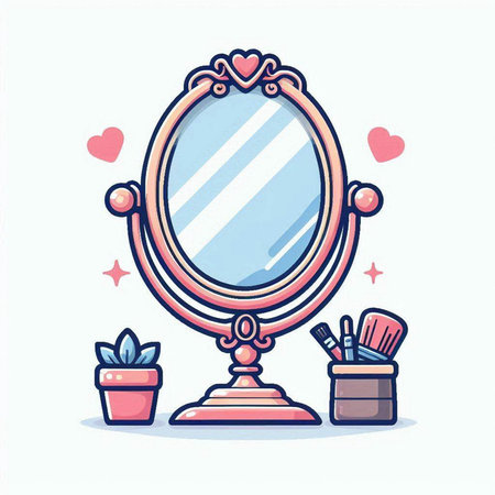 Hand drawn doodle vector illustration of a mirror, makeup brushes and heartsのイラスト素材