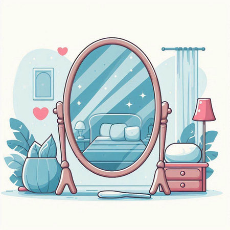 Vector illustration of a woman's room with a mirror and a bedのイラスト素材