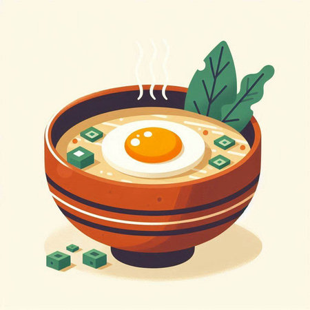 Illustration of a bowl of Japanese miso soup with fried eggのイラスト素材