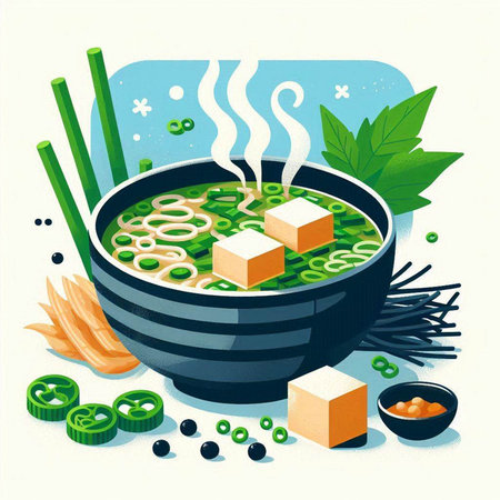 Japanese soup with tofu and vegetables. Vector illustration in retro style.のイラスト素材